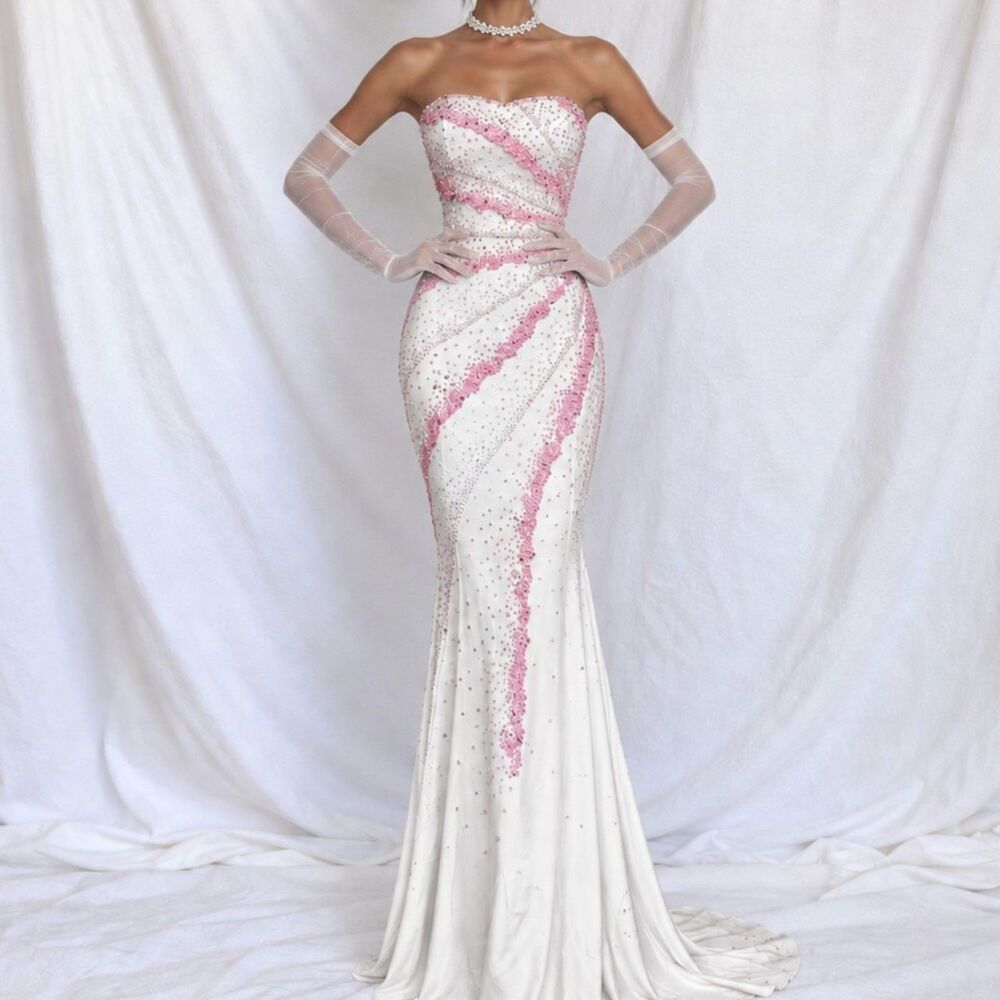 Vintage Y2K White Pink Beaded Strapless Bodycon Maxi Prom Formal Dress Size S/M